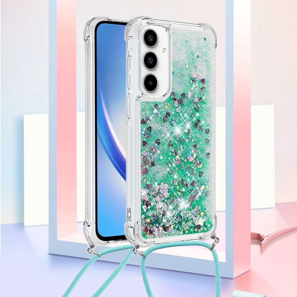 Glitters presýpacie gélový obal so šnúrkou na Samsung Galaxy A36 5G - zelený/srdiečka