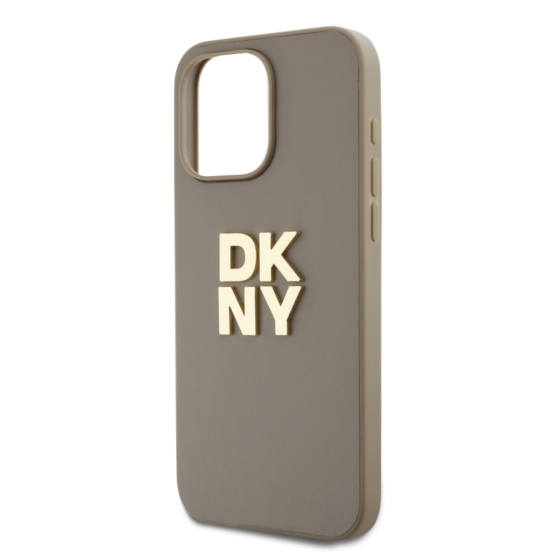 DKNY PU Leather Stack Logo Wrist Strap Zadný Kryt pre iPhone 15 Pro Beige