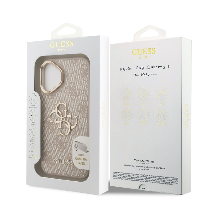Guess PU 4G Metal Logo Stand Camera Frame Zadný Kryt pre iPhone 16 Pink