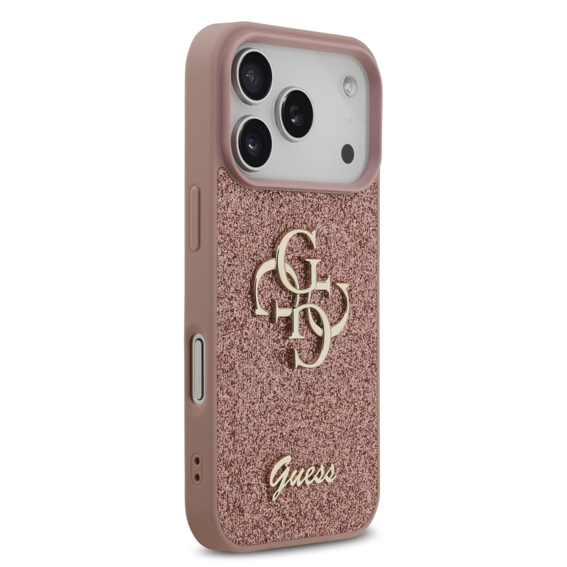 Guess PU pevný zadný kryt s kovovým logom 4G Glitter pre iPhone 17 Pro Pink