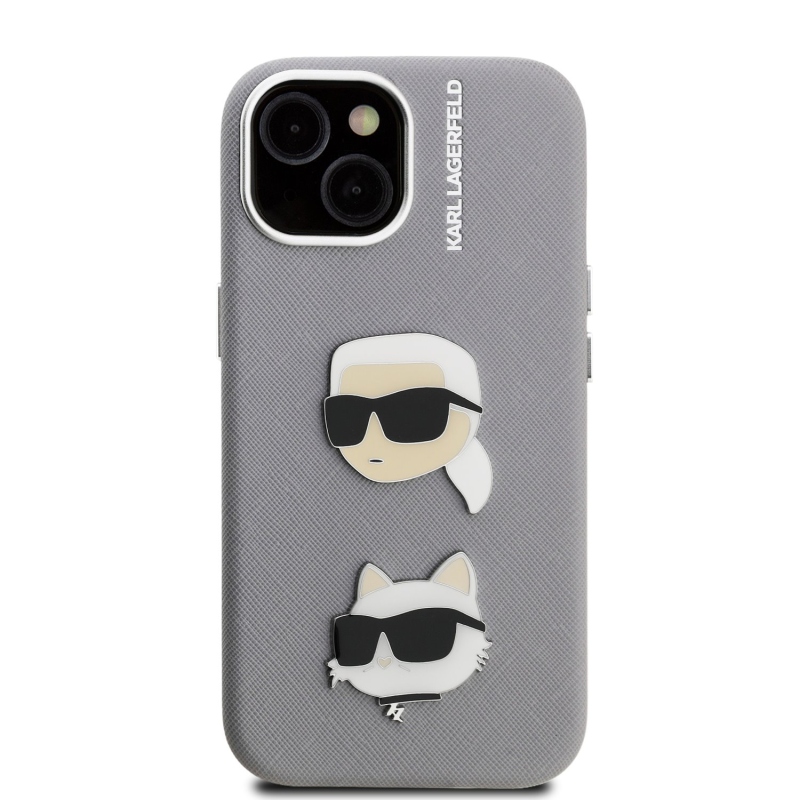Karl Lagerfeld Grained PU K&CH Heads Zadný Kryt pre iPhone 15 Grey