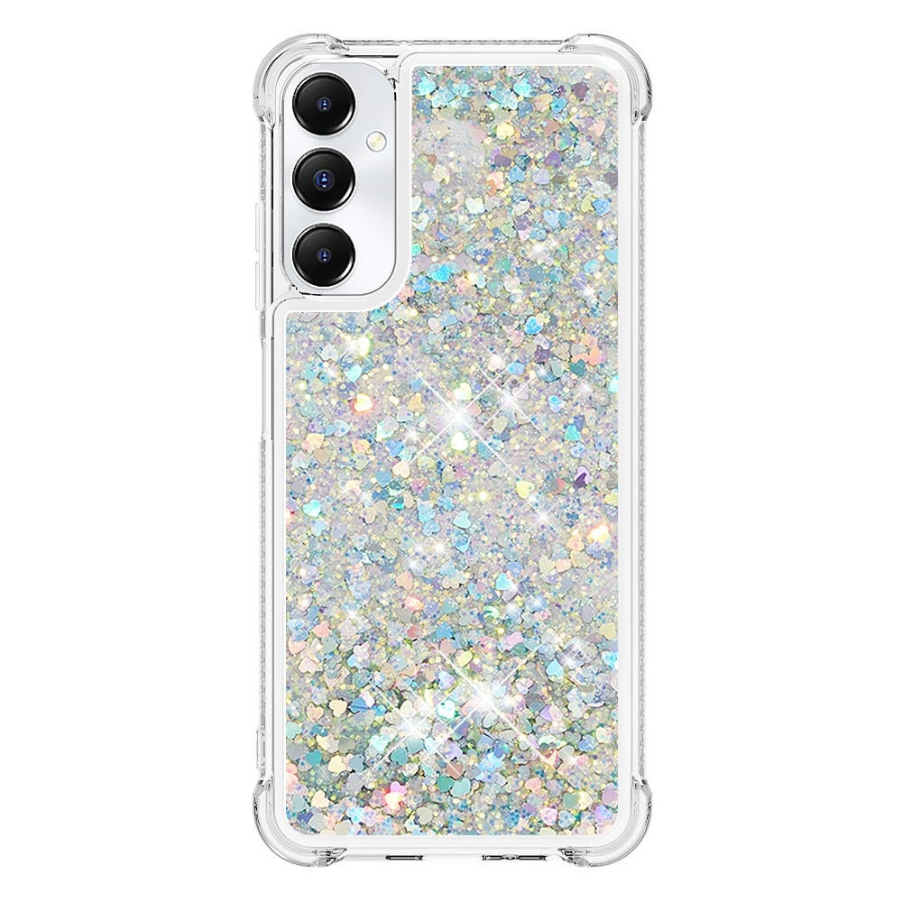 Glitter gélový presýpací obal na Samsung Galaxy A05s - strieborný/srdiečka