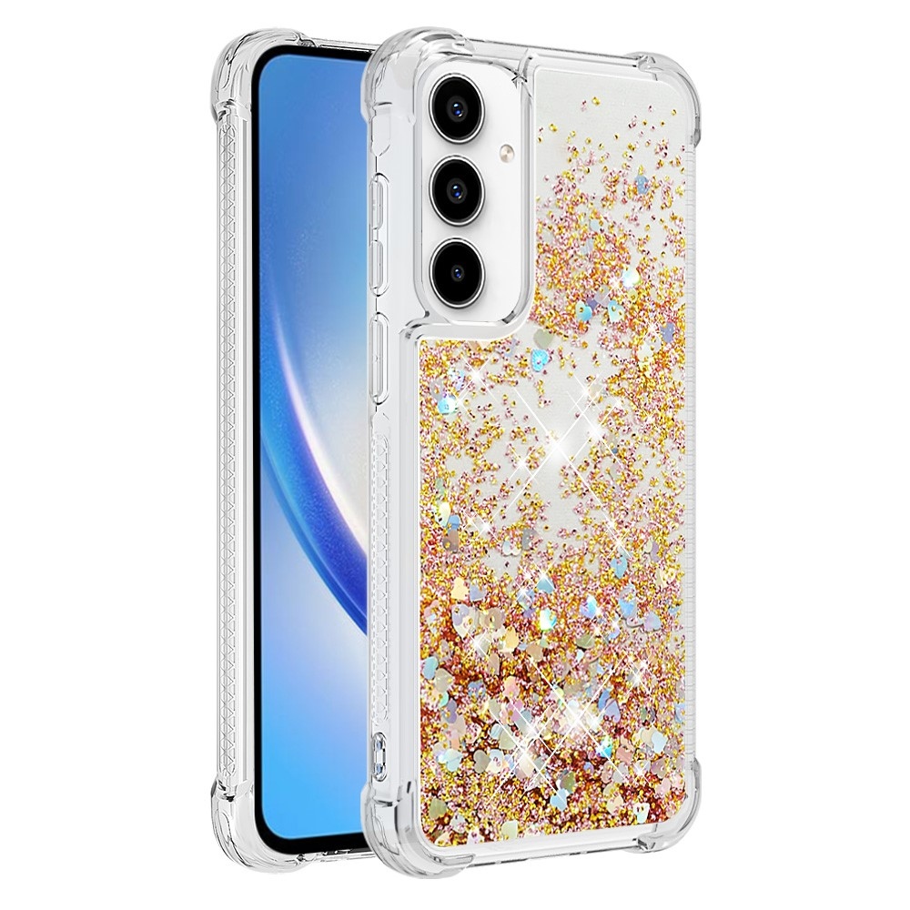 Glitter gélový presýpací obal na Samsung Galaxy A35 5G - zlatý/srdiečka