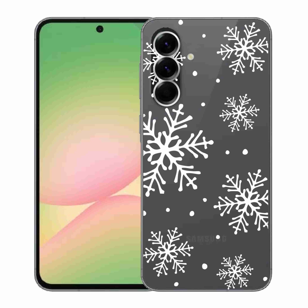Gélový kryt mmCase na Samsung Galaxy A56 5G - biele vločky na priehľadnom pozadí