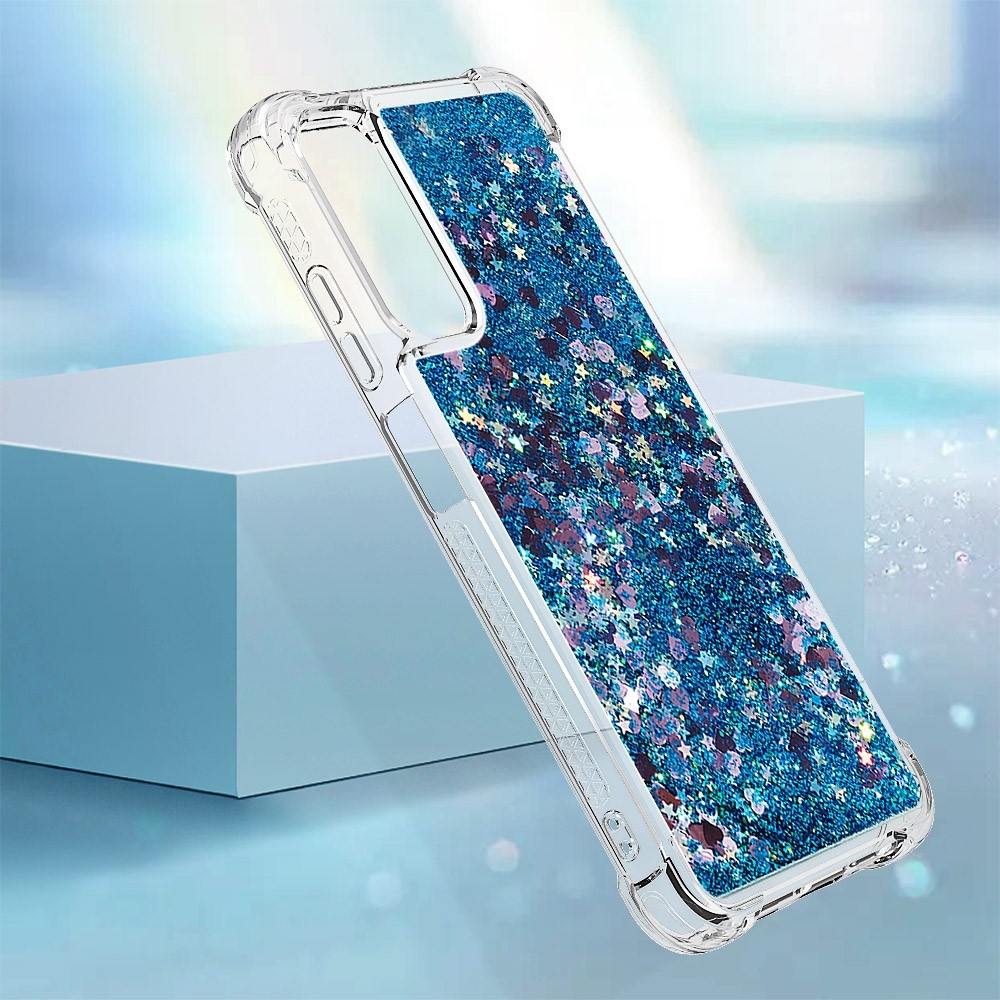 Glitter gélový presýpací obal na Samsung Galaxy A05s - modrý/srdiečka