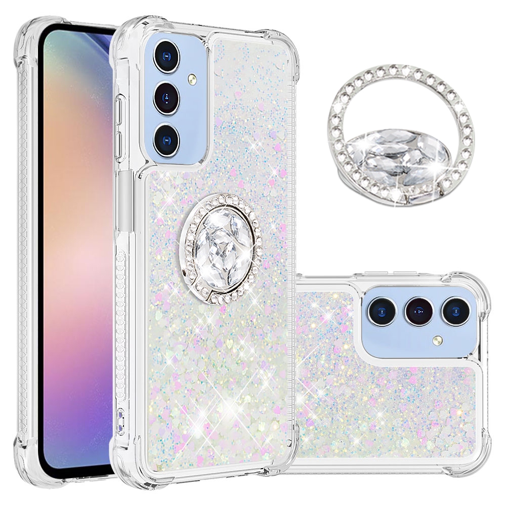 Glitt presýpacie gélový obal s krúžkom na prst na Samsung Galaxy A17 5G - ružovo strieborný/srdiečka