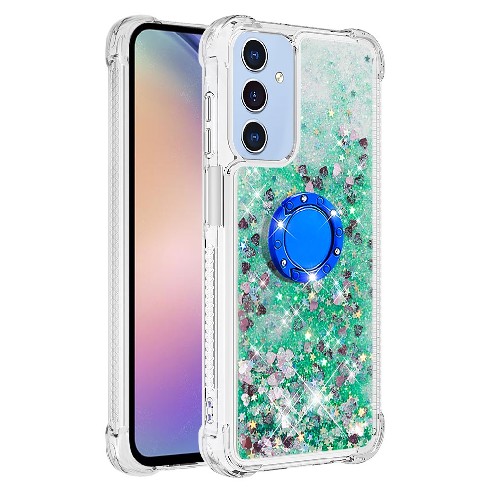 Glitt presýpací gélový obal s krúžkom na prst na Samsung Galaxy A17 5G - zelený/srdiečka