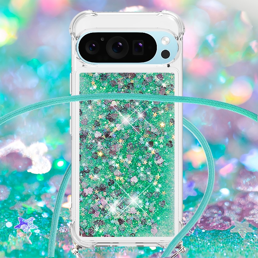 Glitters presýpací gélový obal so šnúrkou na Google Pixel 10 Pro/Pixel 10 - zelený/srdiečka