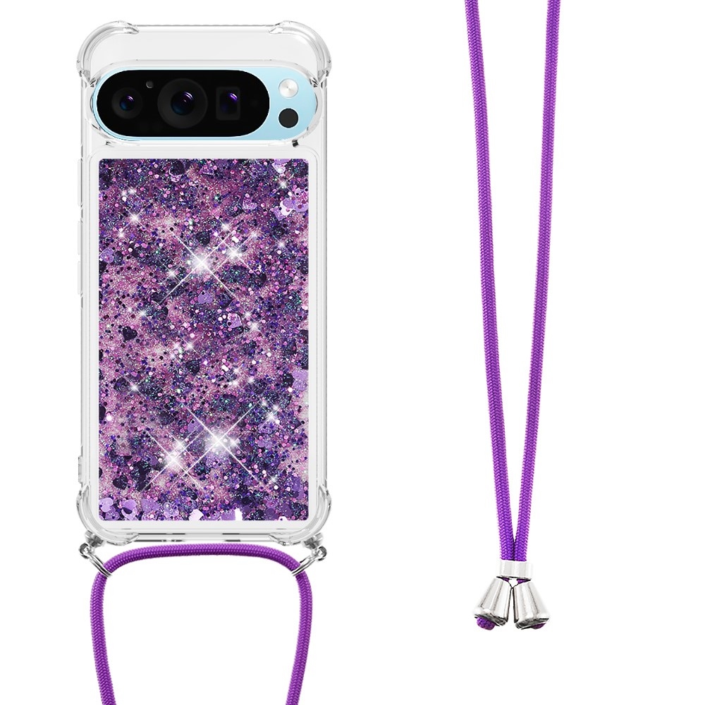 Glitters presýpací gélový obal so šnúrkou na Google Pixel 10 Pro/Pixel 10 - tmavofialový/srdiečka
