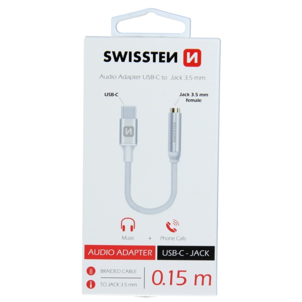 Audio redukcia Swissten textile USB-C/JACK (samica) 0,15 m - strieborná