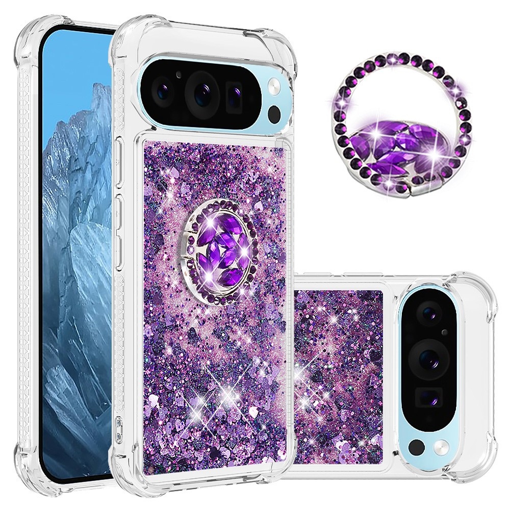 Glitt presýpací gélový obal s krúžkom na prst na Google Pixel 10 - tmavofialový/srdiečka