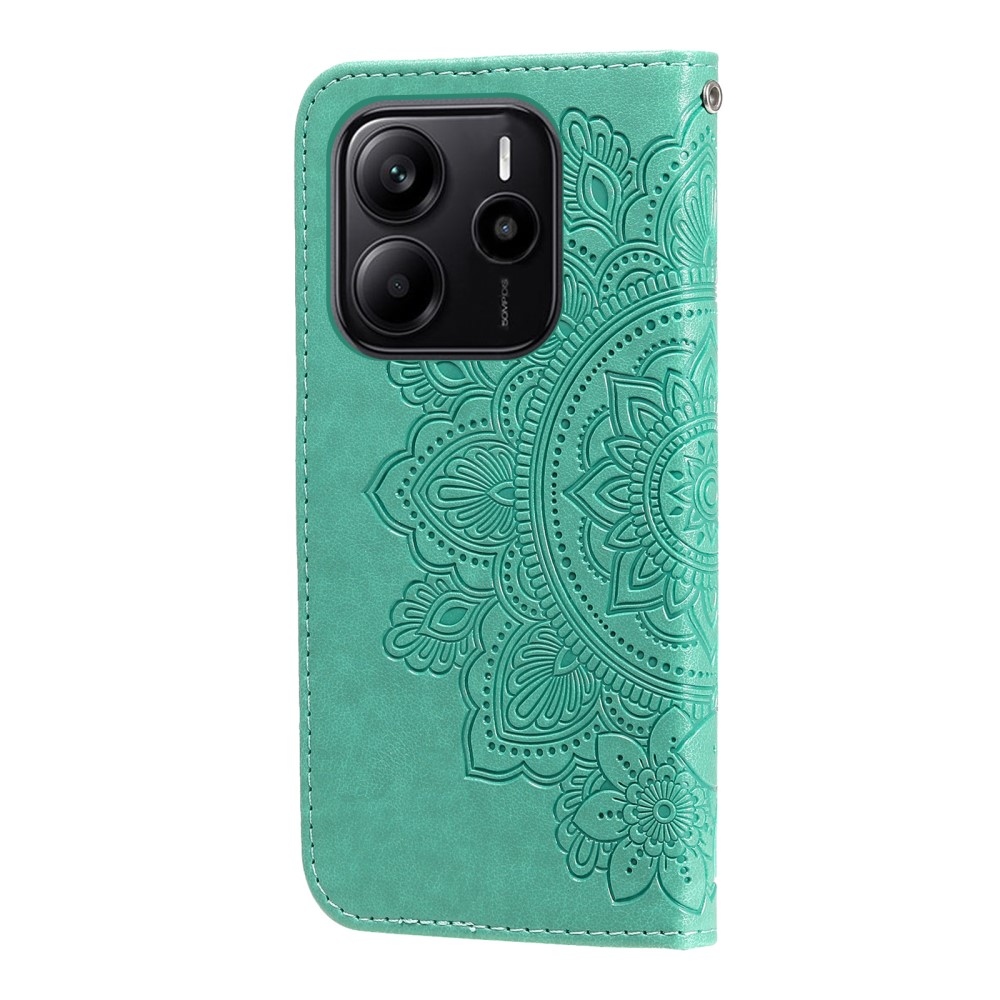 Floral knižkové púzdro na Xiaomi Redmi Note 14 - modrozelené