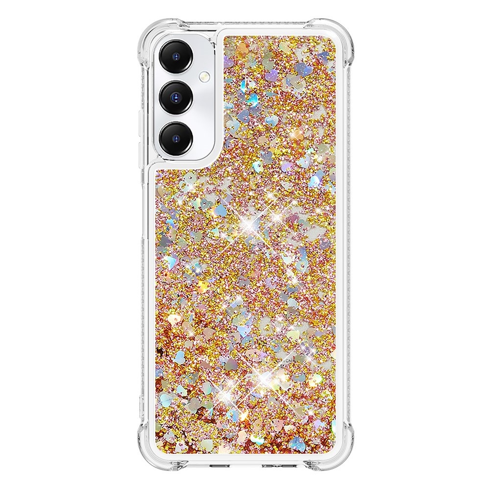 Glitter gélový presýpací obal na Samsung Galaxy A05s - zlatý/srdiečka