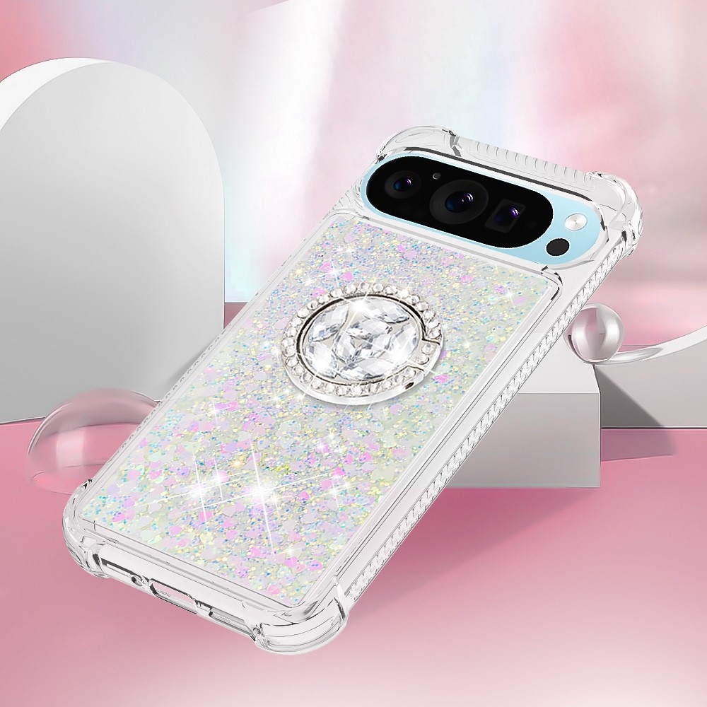 Glitt presýpací gélový obal s krúžkom na prst na Google Pixel 10 - ružovo strieborný/srdiečka