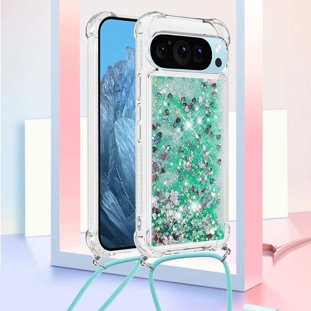 Glitters presýpací gélový obal so šnúrkou na Google Pixel 10 Pro/Pixel 10 - zelený/srdiečka