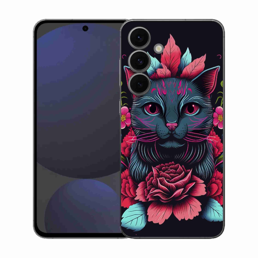 Gélový kryt mmCase na Samsung Galaxy S25 FE - kvety a mačka
