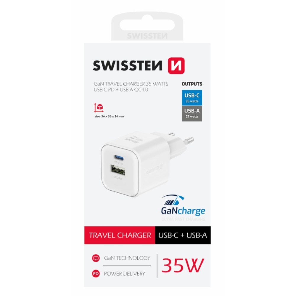 Nabíjačka Swissten GaN 1x USB-C 35W PD + 1x USB-A 27W QC - biela