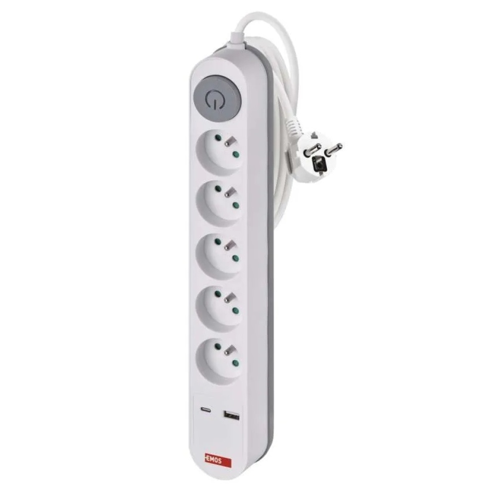 Predlžovací kábel 3 m / 5 zásuvky / s vypínačom / biely / 1×USB-A + 1×USB-C / 1,5 mm2