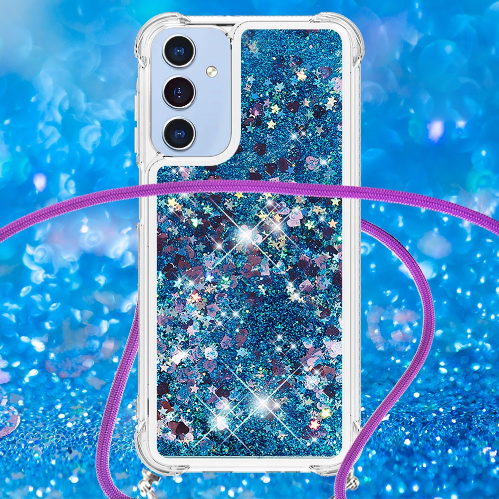 Glitters presýpacie gélový obal so šnúrkou na Samsung Galaxy A17 5G - modrý/srdiečka