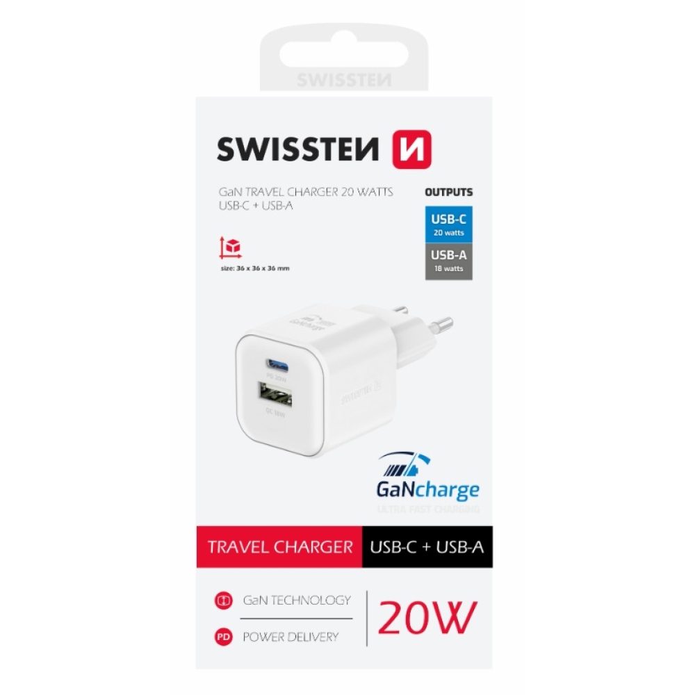 Nabíjačka Swissten GaN 1x USB-C 20W PD + 1x USB-A 18W QC - biela