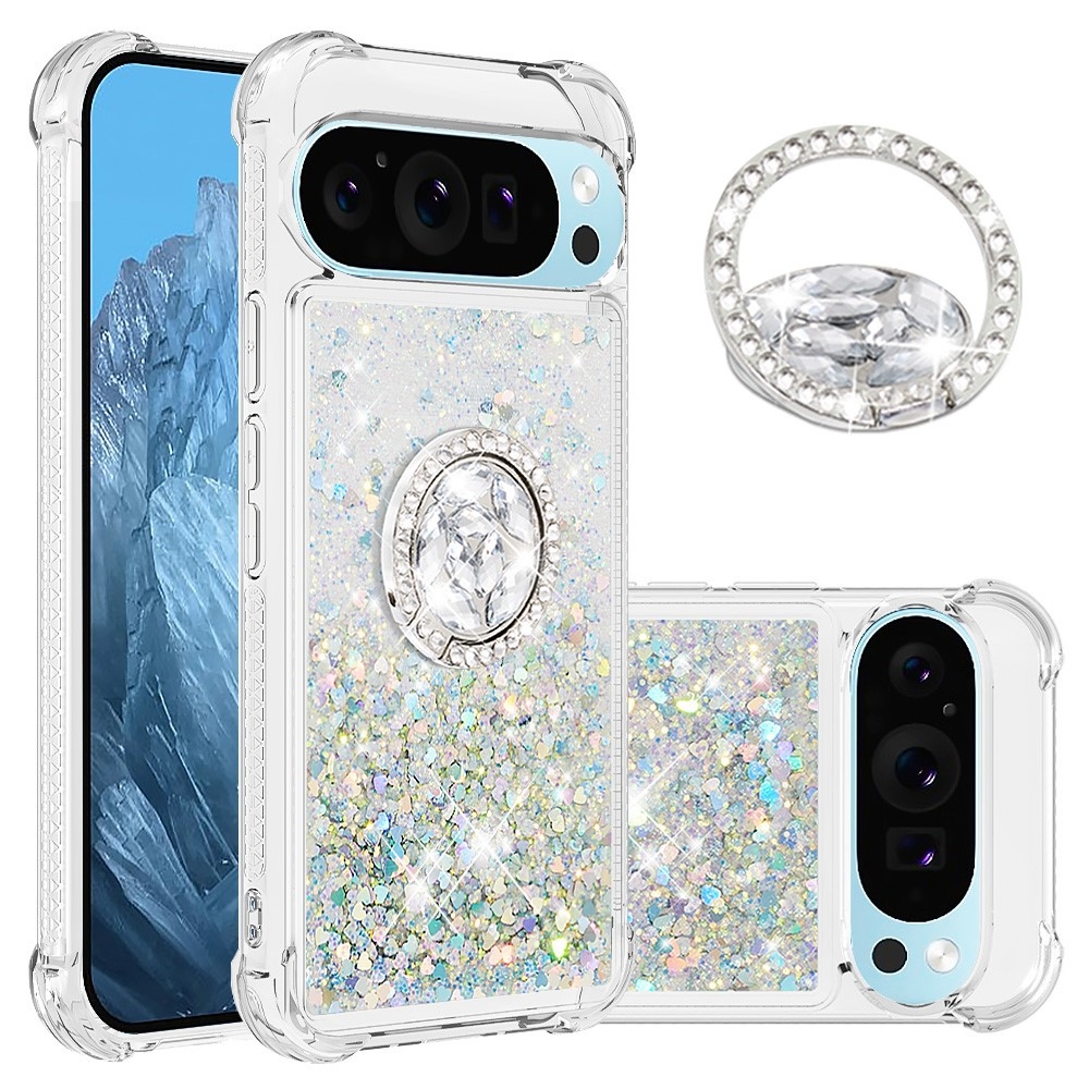 Glitt presýpací gélový obal s krúžkom na prst na Google Pixel 10 - strieborný/srdiečka