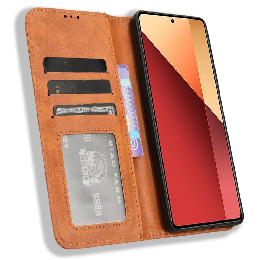 Vintage knižkové púzdro na Xiaomi Redmi Note 14S/Note 13 Pro 4G/Poco M6 Pro - hnedé