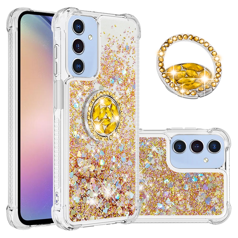 Glitt presýpací gélový obal s krúžkom na prst na Samsung Galaxy A17 5G - zlatý/srdiečka
