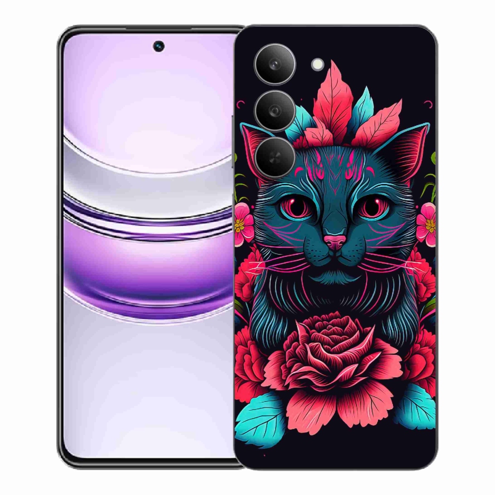 Gélový kryt mmCase na Realme 14x 5G - kvety a mačka