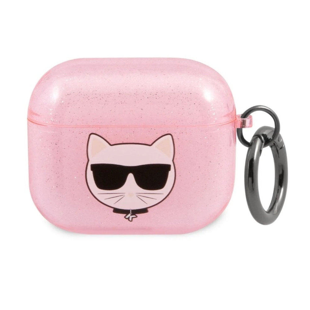 Karl Lagerfeld TPU Glitter Choupette Head púzdro pre Airpods 3 ružové
