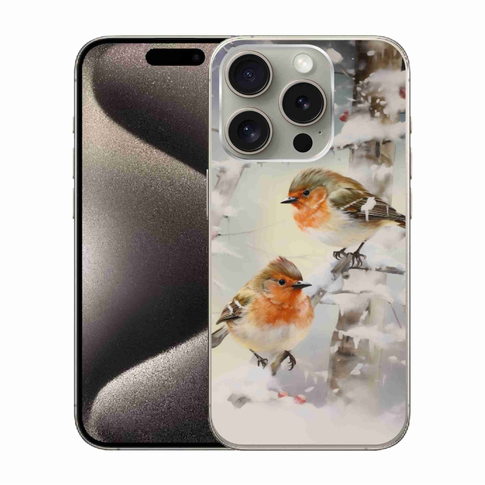 Gélový kryt mmCase na iPhone 15 Pro - vtáčiky v zime