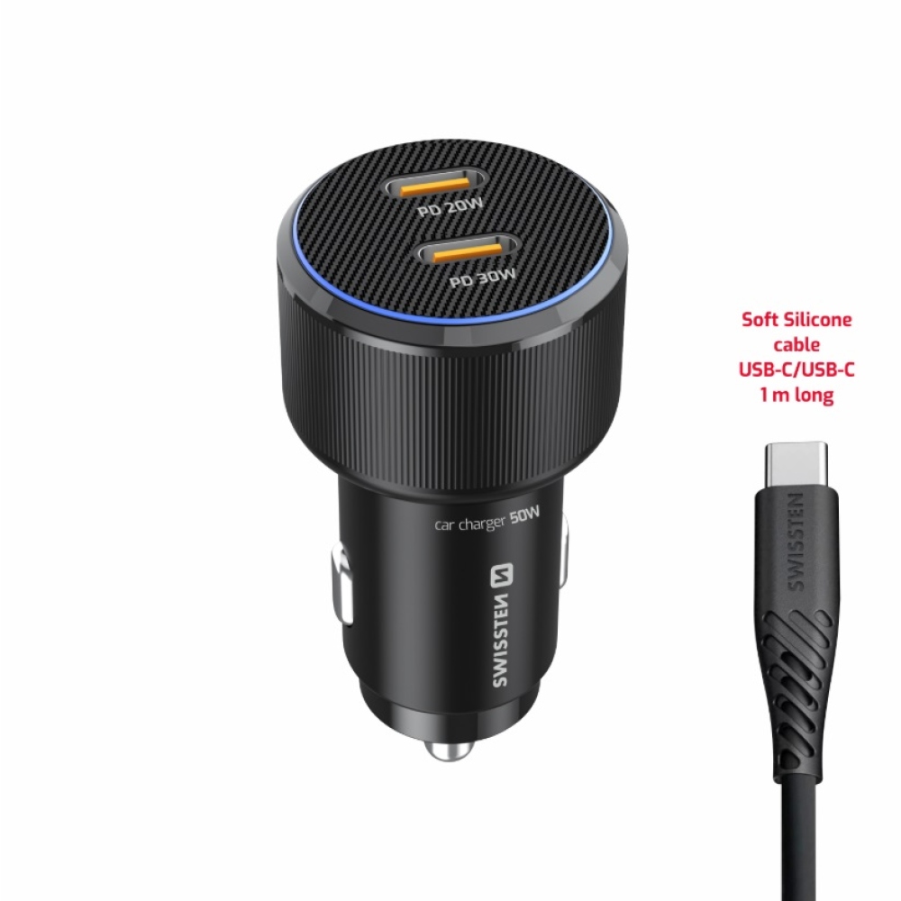 Swissten CL adaptér 2x USB-C PD, 50W - čierny + kábel USB-C/USB-C, 1m