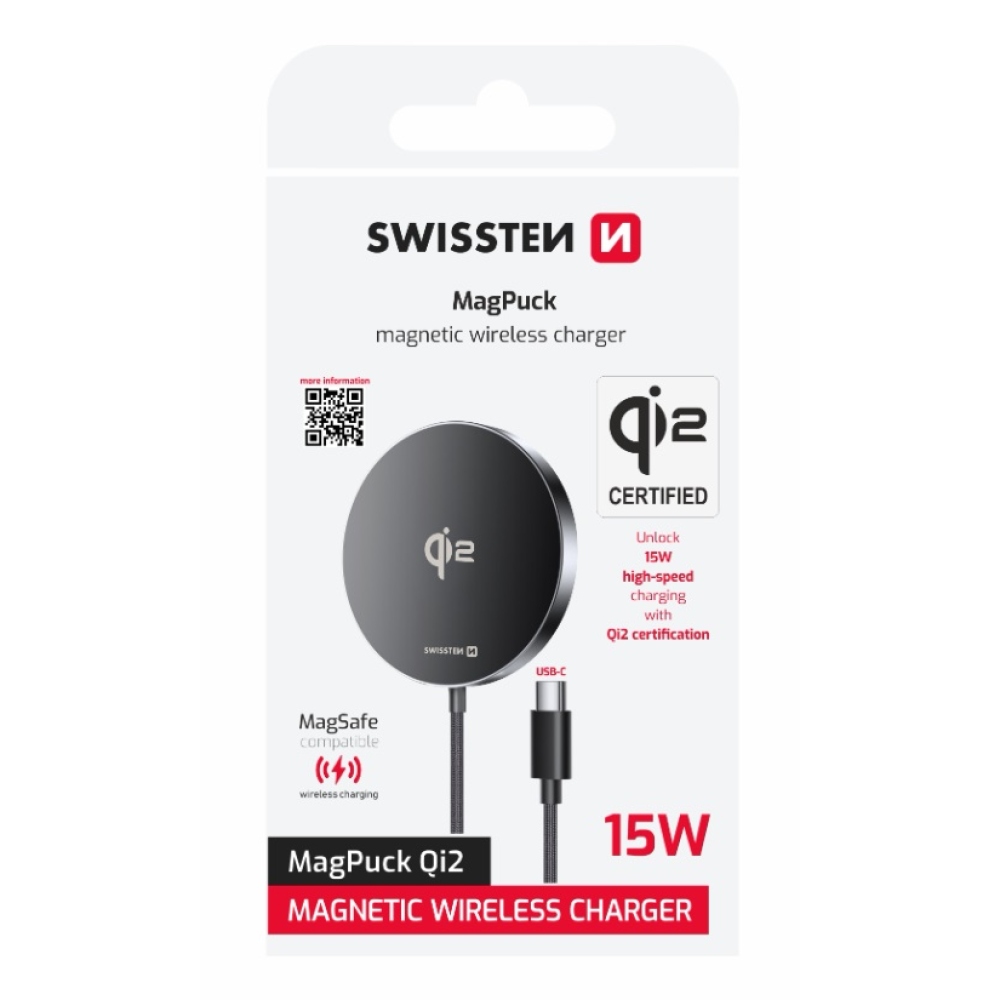 Swissten bezdrôtová nabíjačka MagPuck Qi2 1.5 M (kompatibilná s MagSafe)