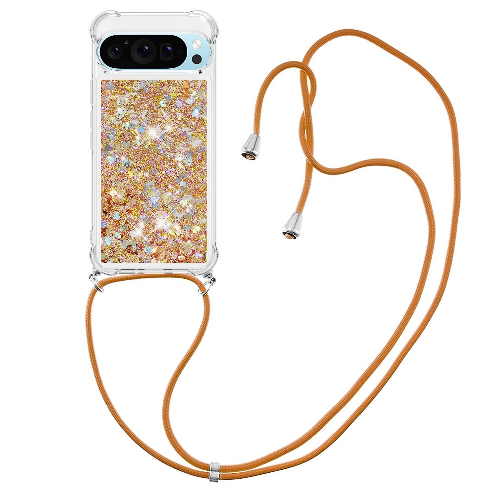 Glitters presýpací gélový obal so šnúrkou na Google Pixel 10 Pro/Pixel 10 - zlatý/srdiečka