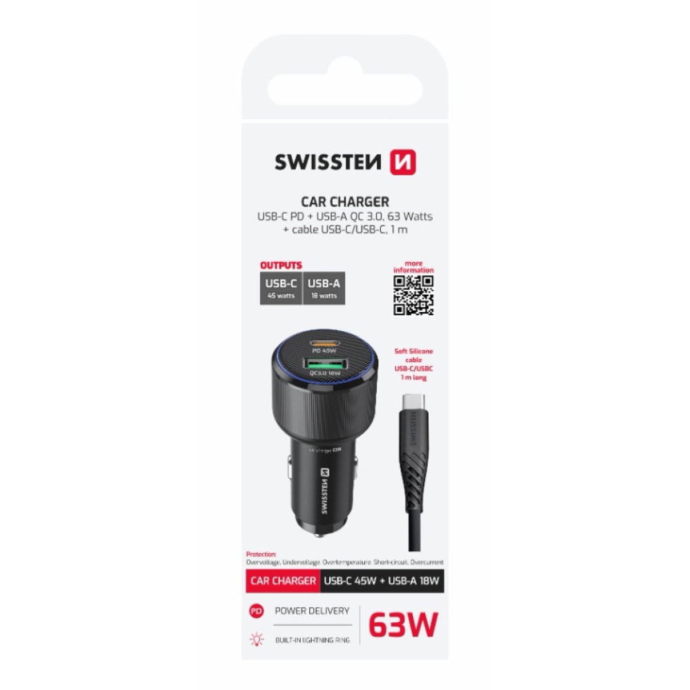 Swissten CL adaptér USB-C PD + USB-A, 63W - čierny + kábel USB-C / USB-C, 1m