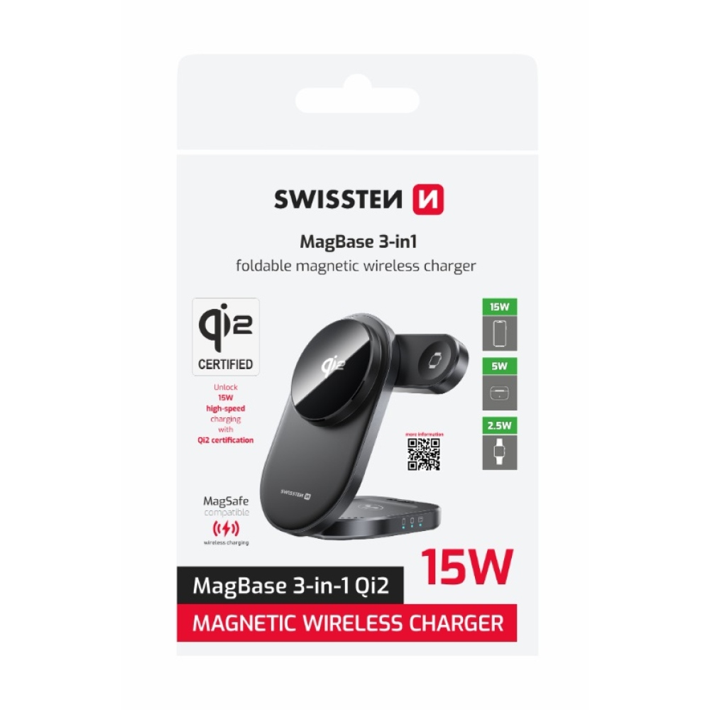 Swissten skladacia bezdrôtová Qi2 nabíjačka MagBase 3v1 - čierna (kompatibilná s MagSafe)