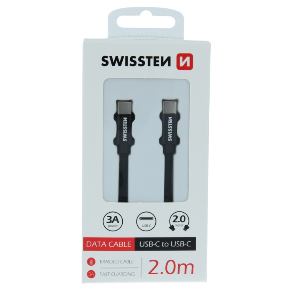 Swissten tkaný kábel USB-C/USB-C pre nabíjanie a synchronizáciu 2 m - čierny