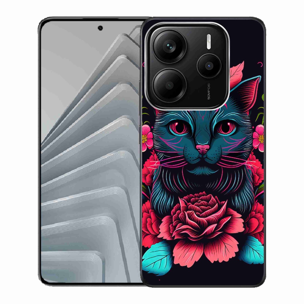 Gélový kryt mmCase na Xiaomi Redmi Note 14 5G - kvety a kočka