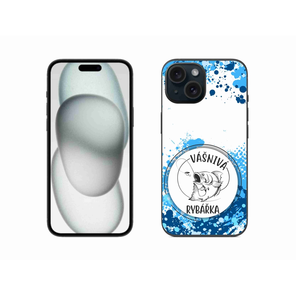 Gélový kryt mmCase na iPhone 15 - vášnivá rybárka biele pozadie