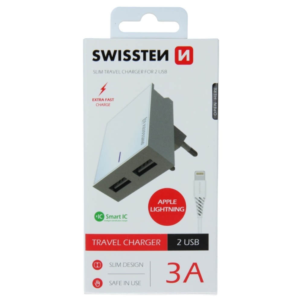 Nabíjačka Swissten Smart IC 2x USB 3A + kábel USB / Lightning 1,2 m - biela