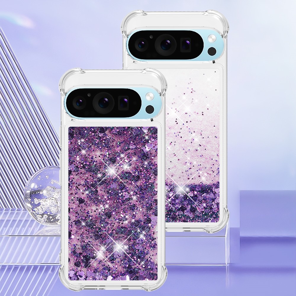 Glitter presýpací gélový obal na Google Pixel 10 Pro XL - tmavofialový/srdiečka