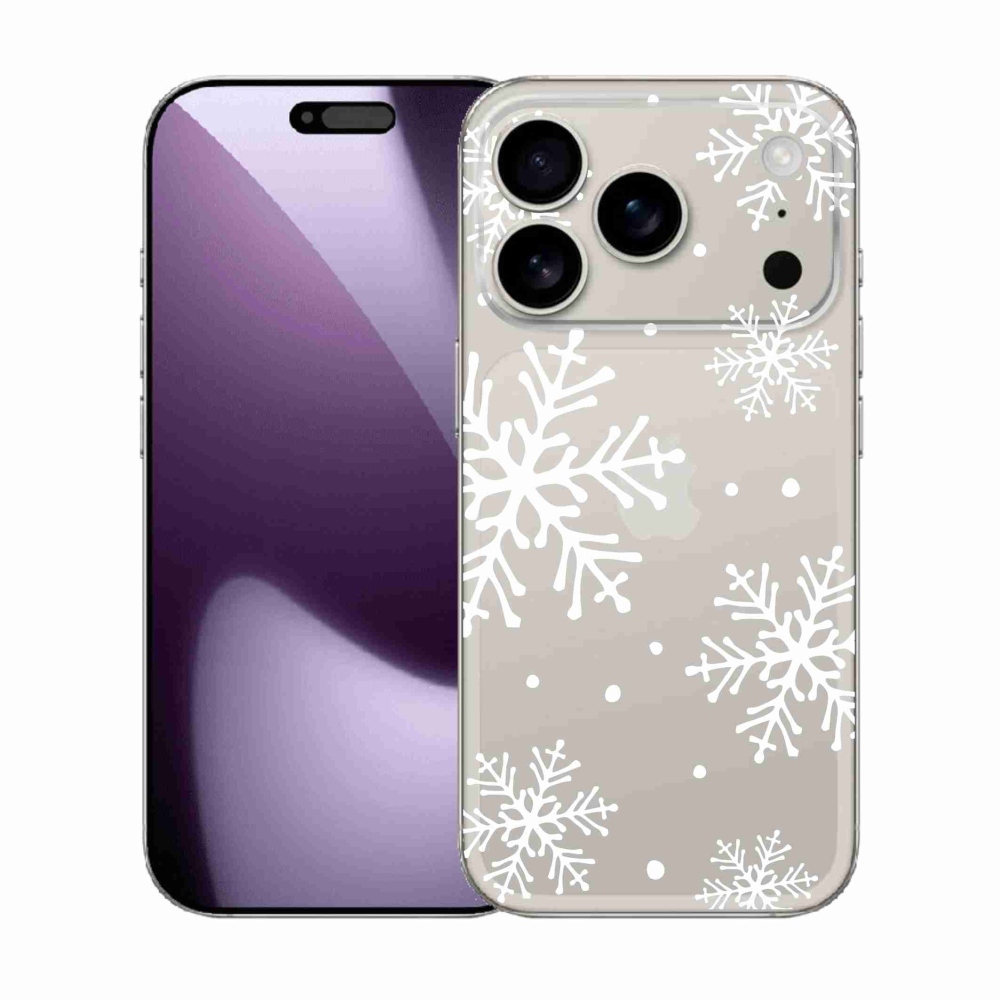 Gélový kryt mmCase na iPhone 17 Pro - biele vločky na priehľadnom pozadí