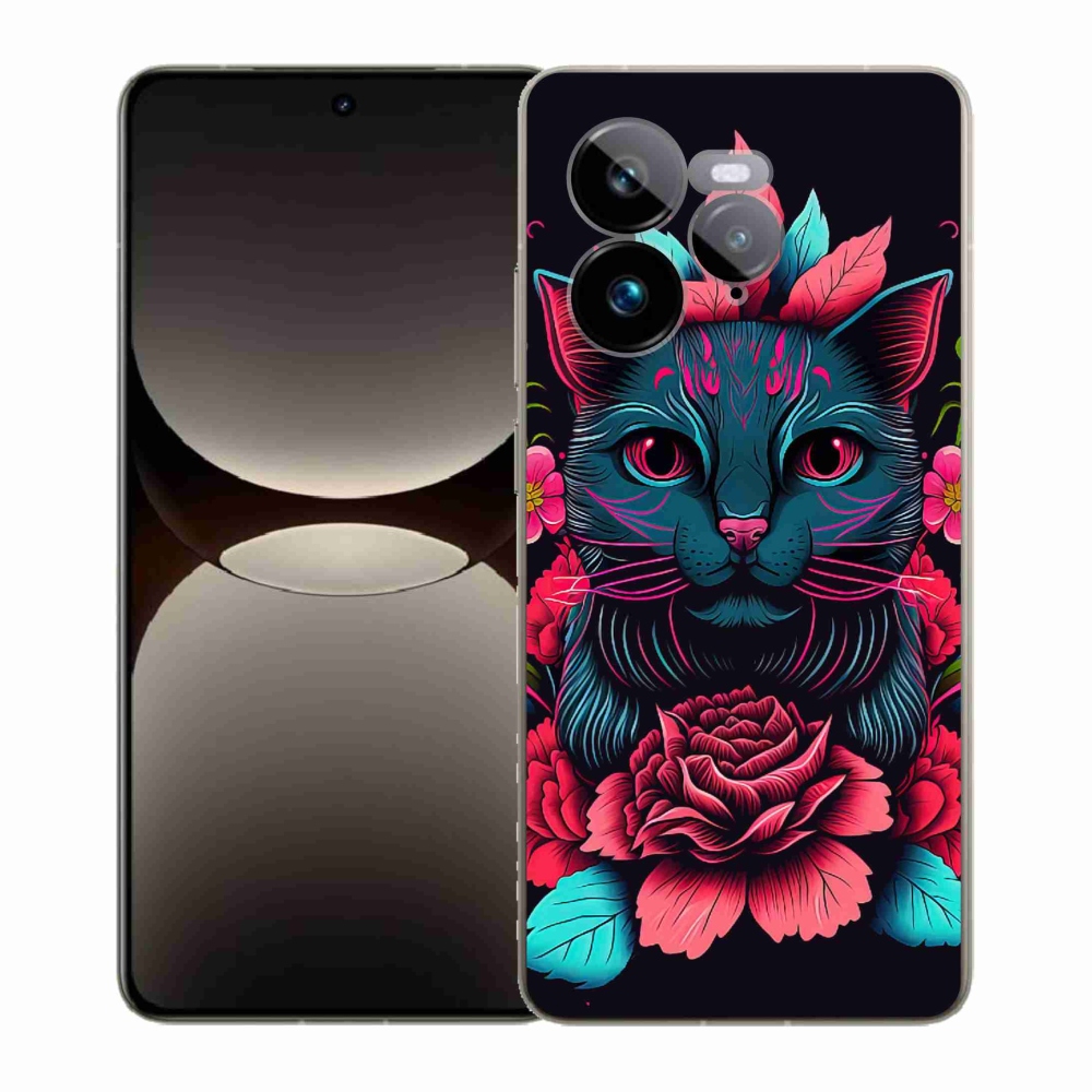 Gélový kryt mmCase na Realme GT 7 Pro 5G - kvety a mačka
