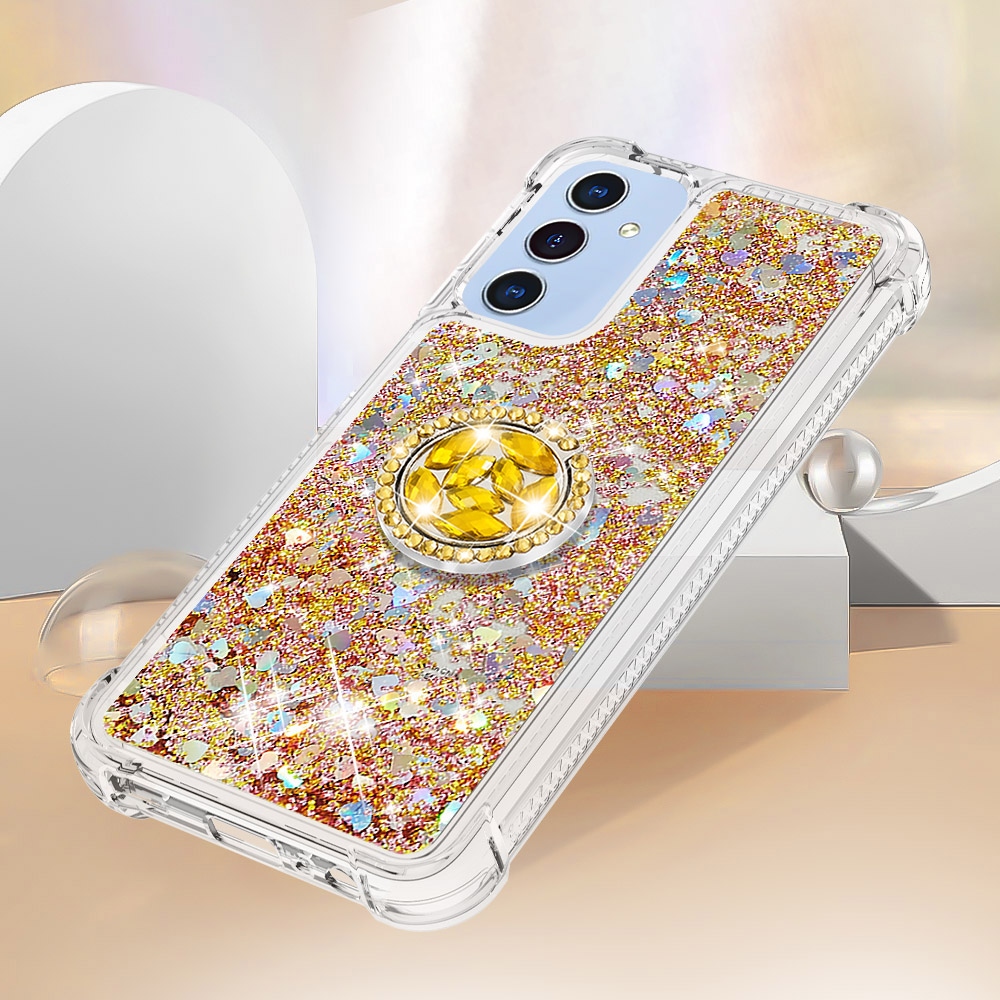 Glitt presýpací gélový obal s krúžkom na prst na Samsung Galaxy A17 5G - zlatý/srdiečka
