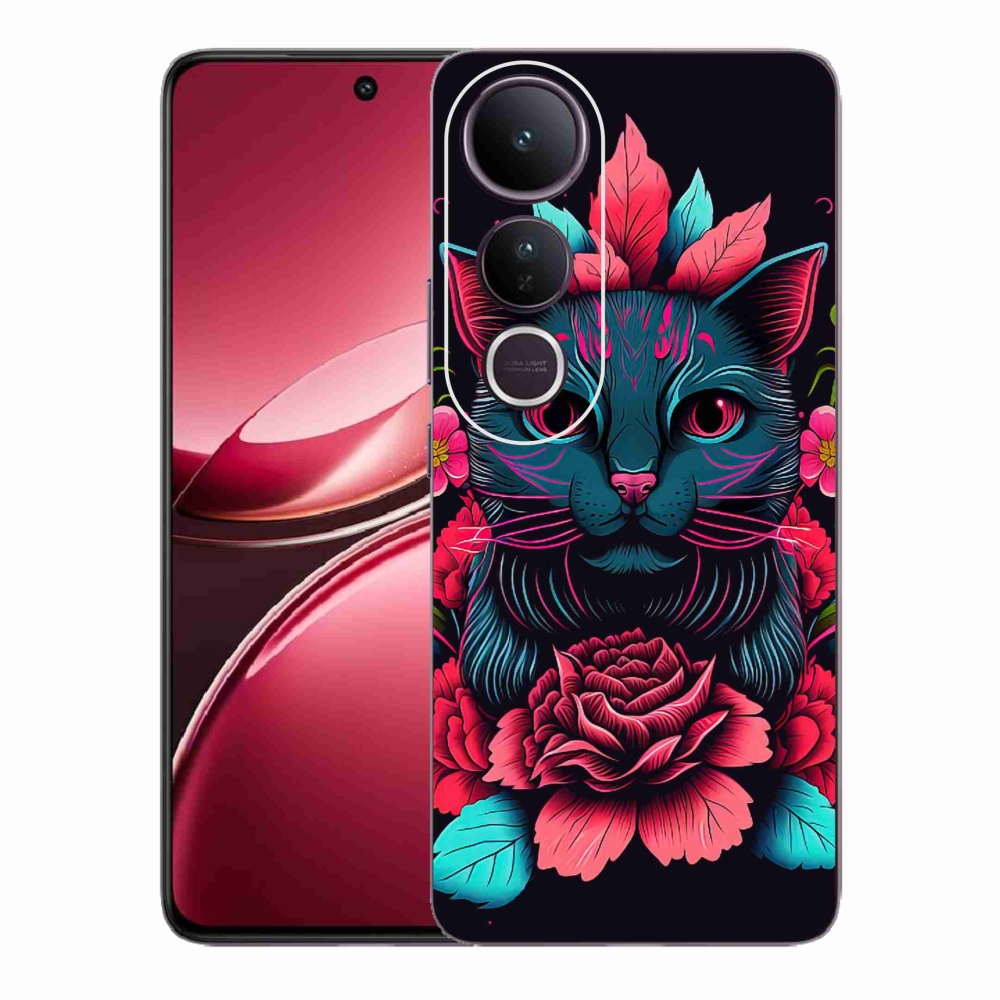 Gélový kryt mmCase na Vivo V50 Lite 4G/5G - kvety a mačka