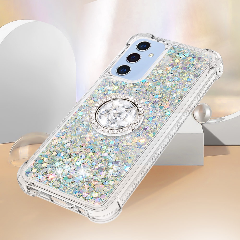 Glitt presýpací gélový obal s krúžkom na prst na Samsung Galaxy A17 5G - strieborný/srdiečka