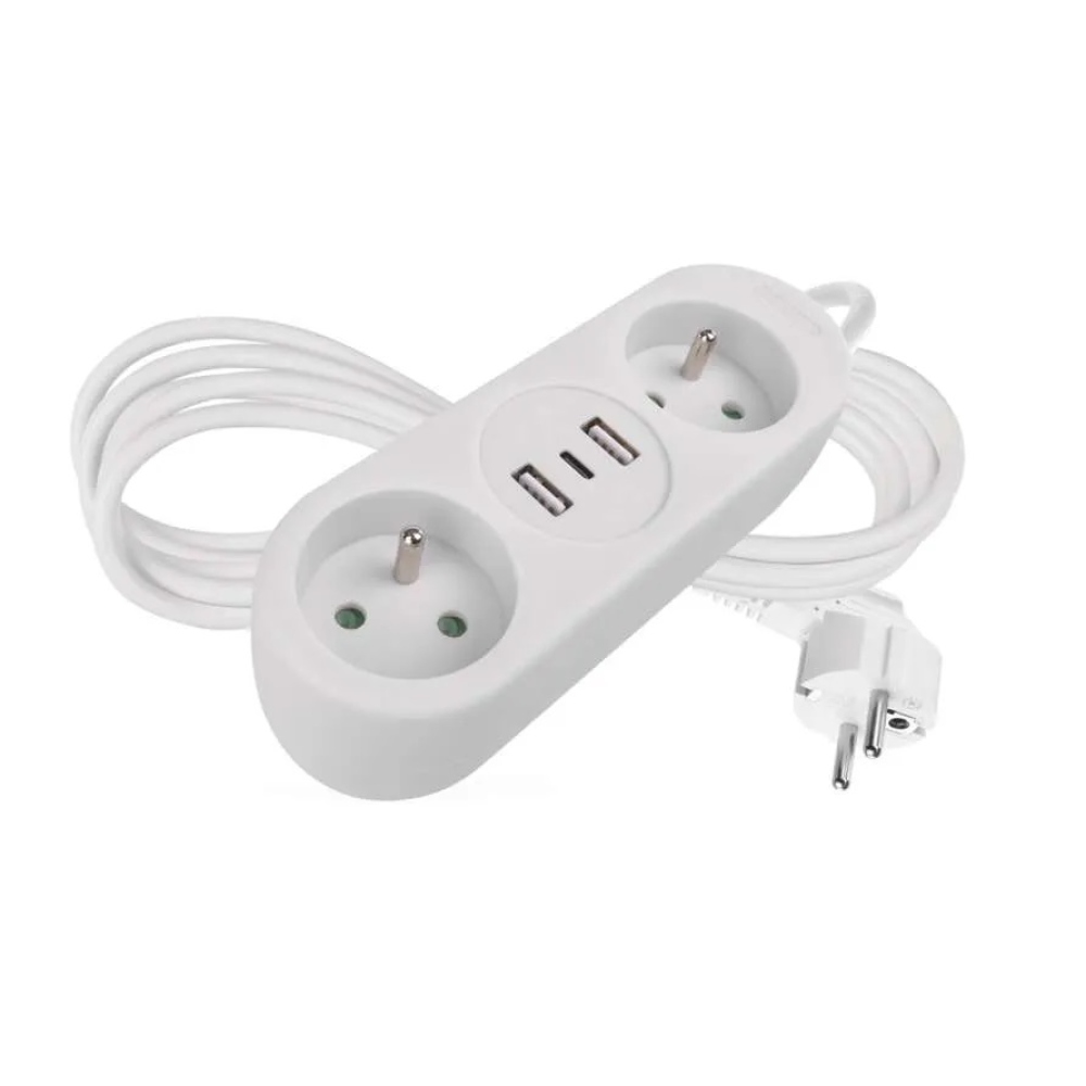 Predlžovací kábel 1,4 m / 2 zásuvky + 2 × USB-A + 1 × USB-C / biely / PVC / 1,5 mm2