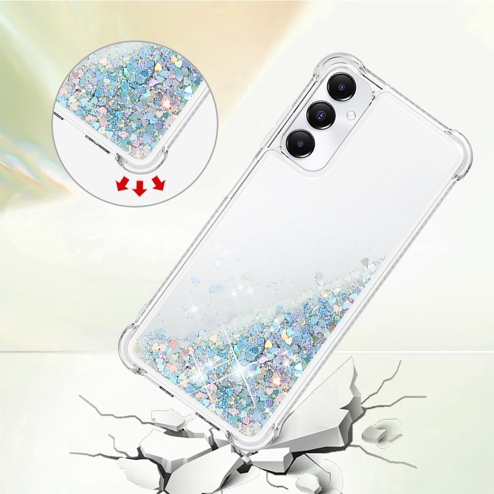 Glitter gélový presýpací obal na Samsung Galaxy A05s - strieborný/srdiečka