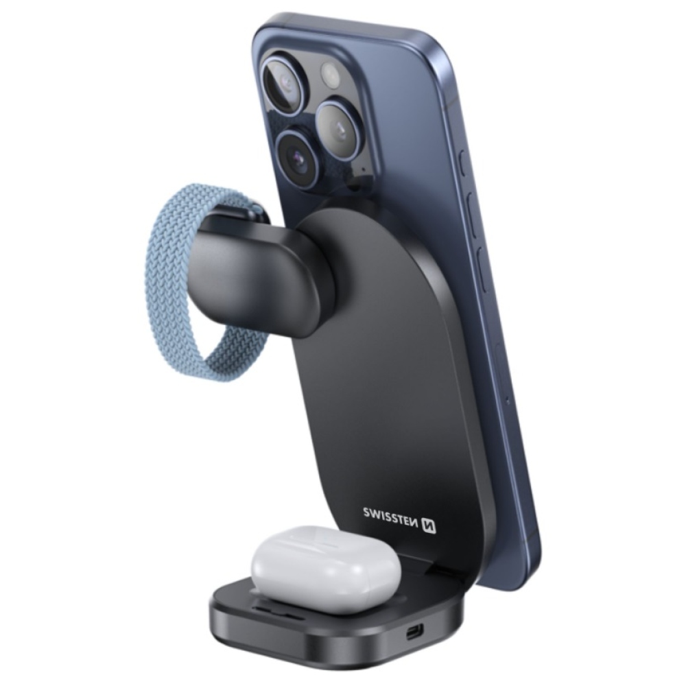 Swissten skladacia bezdrôtová Qi2 nabíjačka MagBase 3v1 - čierna (kompatibilná s MagSafe)