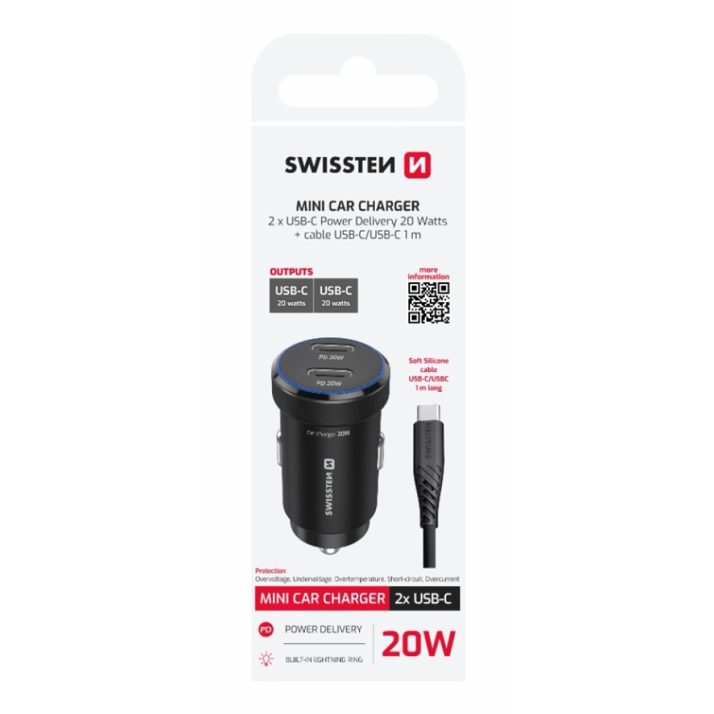 Swissten CL adaptér 2x USB-C PD, 20W - čierny + kábel USB-C/USB-C, 1m