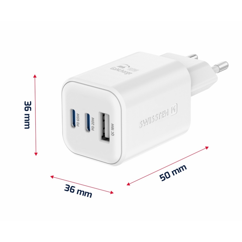 Nabíjačka Swissten GaN 2x USB-C 65W PD + 1x USB-A 18W QC - biela